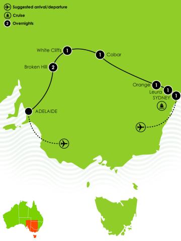 8 Day Sydney to Adelaide Outback Journey Large Map