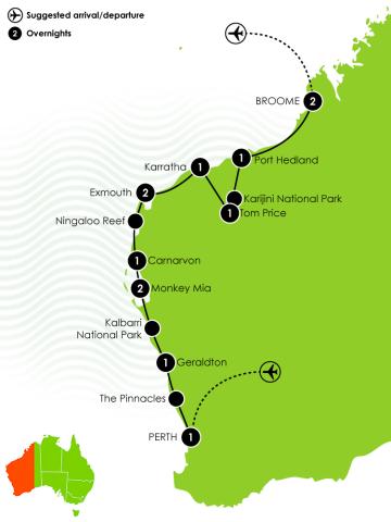 Tour Map: Wonders of the Pilbara & West Coast 25/26
