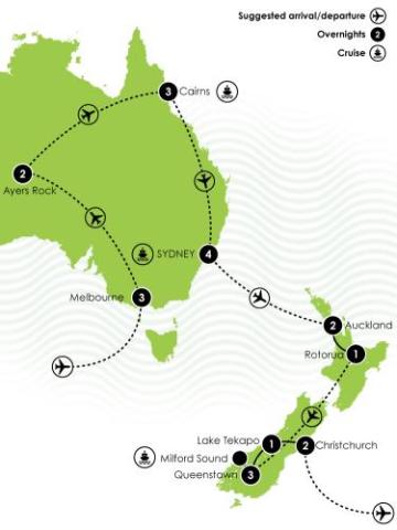 Tour Map: 22 Highlights of Australia and NZ 