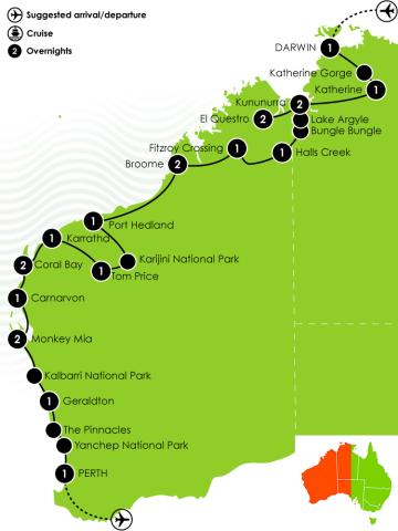 Tour Map: 21 Day Untamed Kimberley & West Coast 25/26