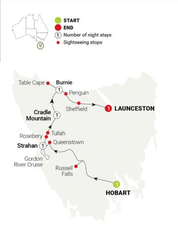 Tour Map: AAT Kings 6 Day Tassie's Wilderness Icons 